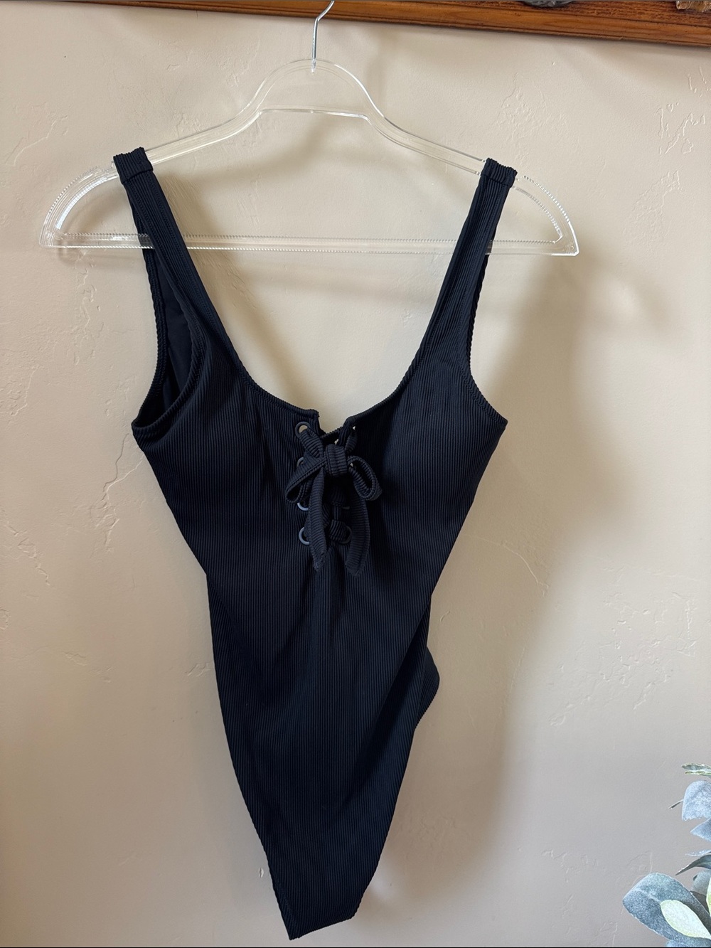 aerie Black Ribbed Lace-Up One-Piece